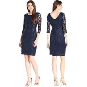 Marina Ruched Side Sequin Lace 3/4 Sleeve Sheath Dress Blue 8